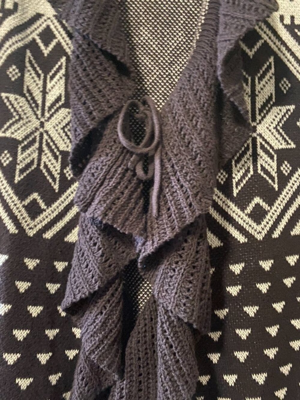 Style & Co Fair Isle Ruffle Bell Sleeve Cardigan Sweater Brown Tie Front Boho L - Picture 7 of 11